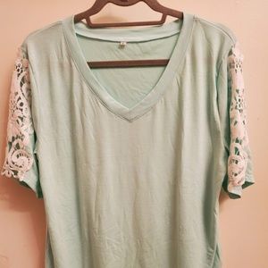 Large Mint Green Short Sleeve V-Neck with Lace